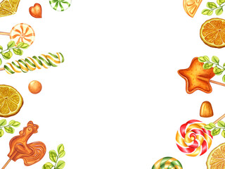 Orange flavored lollipops. Horizontal frame, copy space for text. Citrus caramels of different shapes, fruit jelly, orange slices. Sugar caramel on stick. Watercolor illustration isolated on white.
