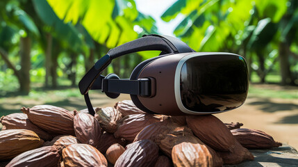 A virtual reality (VR) headset displaying a 3D cacao bean, against the backdrop of a traditional cocoa farm.