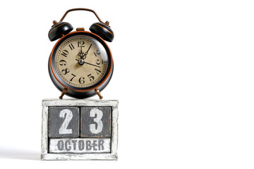October 23 on wooden calendar with alarm clock white background.