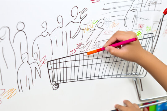 Close-up of a child's hands drawing stick figures shopping at a grocery store on a white sheet
