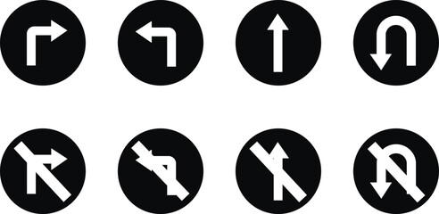 road sign icon in Flat, outline different style set isolated on transparent background. Bended arrow, turning, zig zag, crossroads navigation arrows. Driving direction mark, vector for apps, web