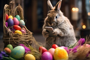 easter rabbit use mobile phone with painted eggs on field