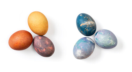 Different eggs on white background