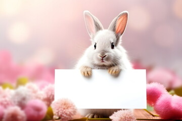 easter rabbit hold blank paper on easter concept, Generative AI