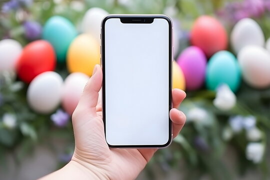 child hand hold blank screen mobile phone on easter background with painted eggs, Generative AI