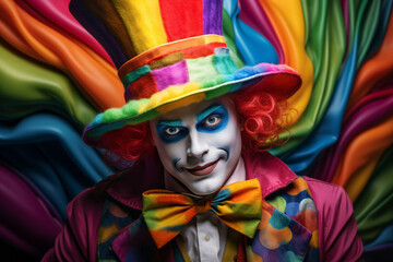 Fototapeta na wymiar A clown with a rainbow colored hat and a rainbow colored hat 