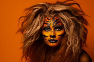 A woman with lion's mane-like makeup around her face against an orange savanna-inspired background.