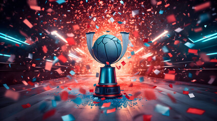 Shiny silver basketball trophy on the podium, success concept, red and blue confetti falling from above. Prize or reward for the winner and champion ceremony, sport competition best team - obrazy, fototapety, plakaty