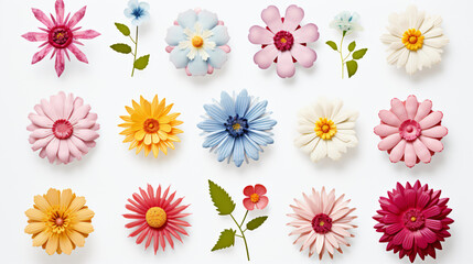 Set of different color flowers on a pure white background