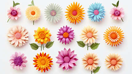 Set of different color flowers on a pure white background