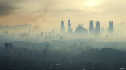 City covered in heavy smog, problem of urban air pollution