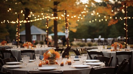 Autumnal outdoor wedding reception with pumpkin centerpieces, string lights, and fall-inspired decor, creating a romantic and enchanting atmosphere - Powered by Adobe