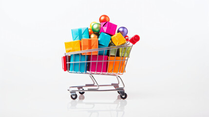 Shopping cart  full of colorful gift boxes