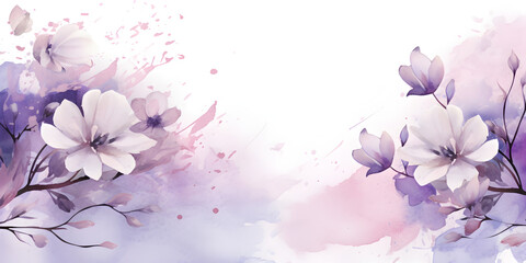 Pink watercolor illustration with minimalistic flowers, abstract background with copy space