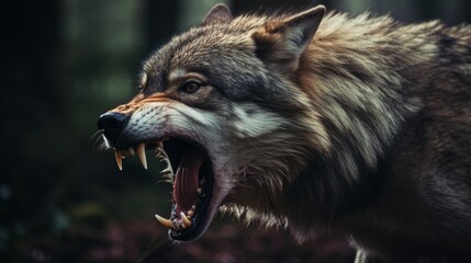 Close-up of a wolf's snout and teeth as it releases a chilling howl, showcasing its predatory nature