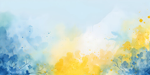 Fototapeta premium Blue and yellow watercolor illustration background with spring flowers