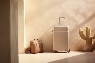 a beige colored small cabin sized suitcase with wheels standing in front of a sunny sunlit...