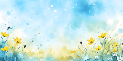 Fototapeta na wymiar Blue and yellow watercolor illustration background with spring flowers