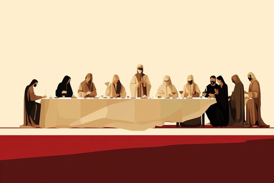 A contemporary depiction of the Last Supper with modern disciples around a minimalist table, sharing artisan bread and red wine in a sleek setting