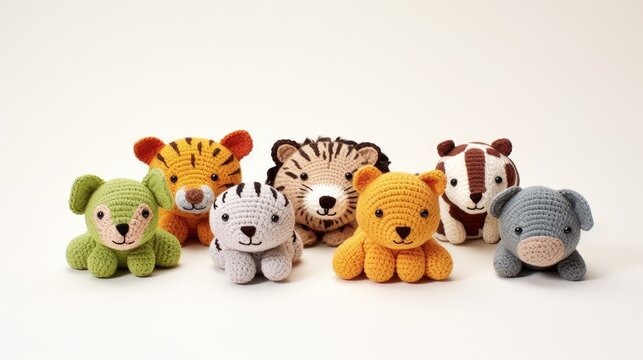 Crocheted baby toys in adorable animal shapes, stimulating imagination and play