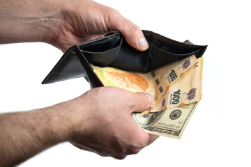 Hand with wallet showing dollar bill and Argentine peso bills