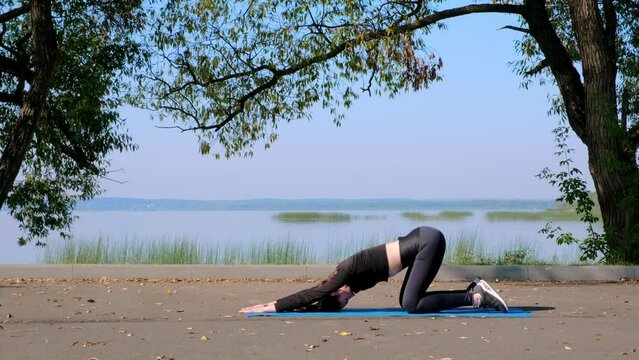 30s woman practices yoga, pilates is doing cat pose in black sportswear outdoor. Fitness training. Back stretching. Blogger trainer having an active morning in nature. Hatha practicing. Marjariasana