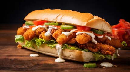 Delicious and greasy fried shrimp po' boy sandwich with a crispy coating, tangy remoulade sauce, and a side of pickles