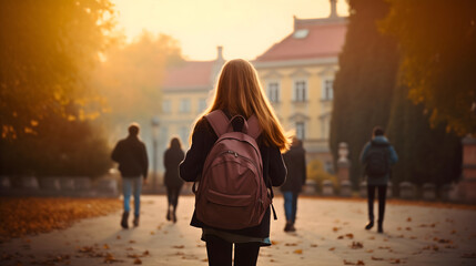 Rearview photography of a young girl wearing a backpack in the sunny September autumn morning, walking up to the school building.Female child first day in educational institution,kindergarten rucksack - obrazy, fototapety, plakaty