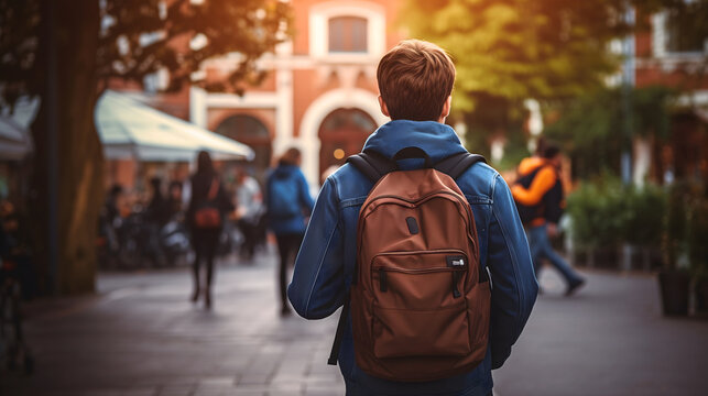 Rearview photography of a young teenage boy wearing a backpack, looking at the school building. Male student first day at new high school or university, rucksack September, educational institution