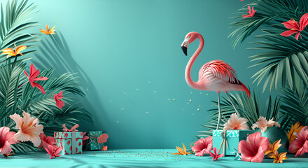 Exotic tropical summer background. Summer beach party concept. Pink flamingo, tropical leaves, orchid flower, palm branches on blue background - obrazy, fototapety, plakaty