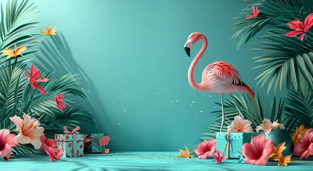 Foto auf Acrylglas Exotic tropical summer background. Summer beach party concept. Pink flamingo, tropical leaves, orchid flower, palm branches on blue background © olyphotostories