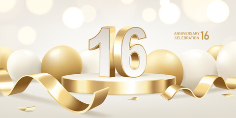 16th Anniversary celebration background. Golden 3D numbers on round podium with golden ribbons and balloons with bokeh lights in background.