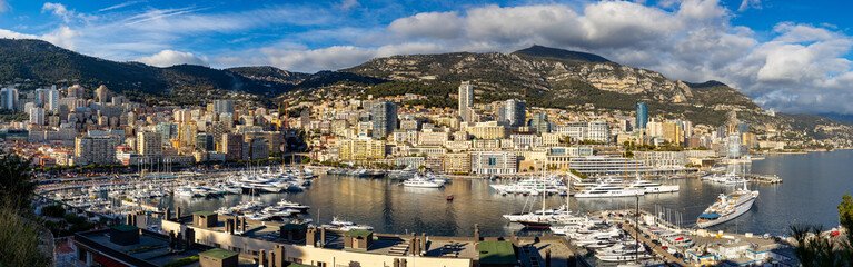 Panorama view of Monte Carlo, Monaco yacht port and city centre - Powered by Adobe