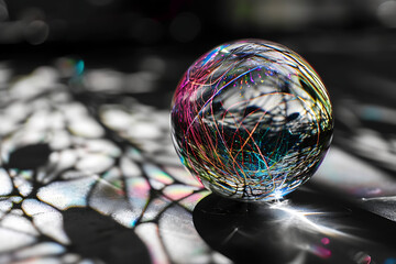 Glaskugel mit draht&auml;hnlichen Einschl&uuml;ssen in schwarz-wei&szlig;-bunt