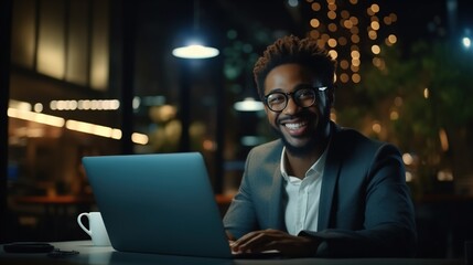 Late at Night in Private Office black male Businessman Works on a Laptop Computer. He Look at the Camera with Smile. Data Protection Engineering Network for Cyber Security, generative ai - obrazy, fototapety, plakaty