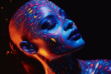A woman colored with bright psychedelic paint, brightly lit. Futuristic meta human and psychedelic concepts. Neon colors in the dark