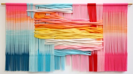 Hands weaving a colorful yarn wall hanging, a statement piece for your home