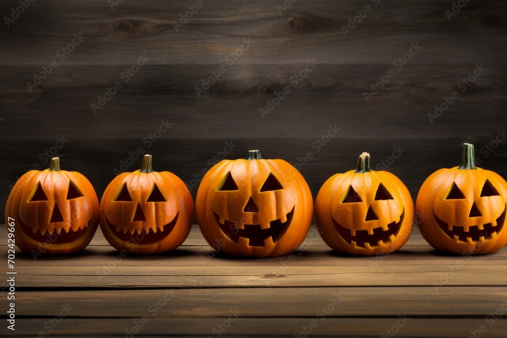 Poster jack-o'-lanterns arranged in a row with space for your halloween messages