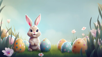 Fototapeta na wymiar copy space, beautiful sweet cartoon illustration, Easter bunny with easter eggs. Easter mockup. Beautiful easter greeting card, invitation. Poster. Cute easter bunny with easter eggs.