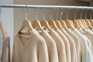 Pastel beige sweaters on hangers in a store.