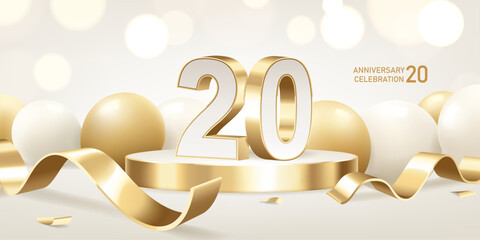 Obraz na płótnie Canvas 20th Anniversary celebration background. Golden 3D numbers on round podium with golden ribbons and balloons with bokeh lights in background.