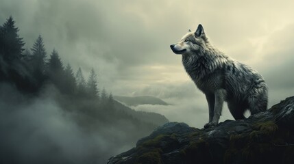 Lone wolf howling in a fog-covered landscape, its call adding an air of mystery and allure to the scene - obrazy, fototapety, plakaty