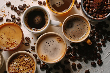 Obraz na płótnie Canvas Top view of various coffees on a white background