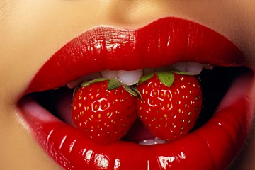 Fotobehang Vivid red lips of a lady delicately biting into a succulent strawberry. © XaMaps