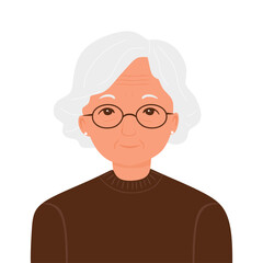 Old senior woman, portrait in flat style. Grandmother wearing glasses, with grey hair. Cute elderly retired character isolated on white background. Happy elder woman, head portrait.Vector illustration