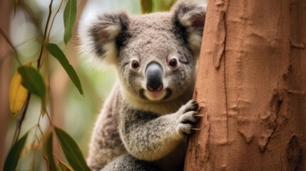 Curious koala perched in a tree, gazing directly into the camera lens