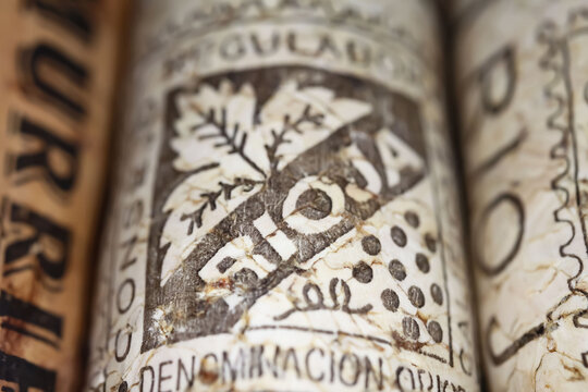 Viersen, Germany - May 9. 2023: Closeup of rioja wine cork with spanish label of qualified denomination of origin