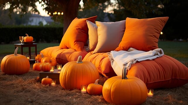 Pumpkin-themed outdoor movie night with pumpkins used as seating or decorative accents, creating a cozy and memorable experience