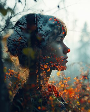 Double exposure of beautiful woman with forest