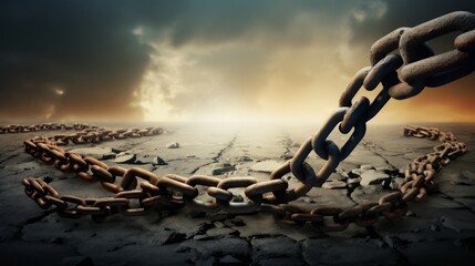 Symbolic image of a broken chain, symbolizing the breaking free from mental health challenges - obrazy, fototapety, plakaty